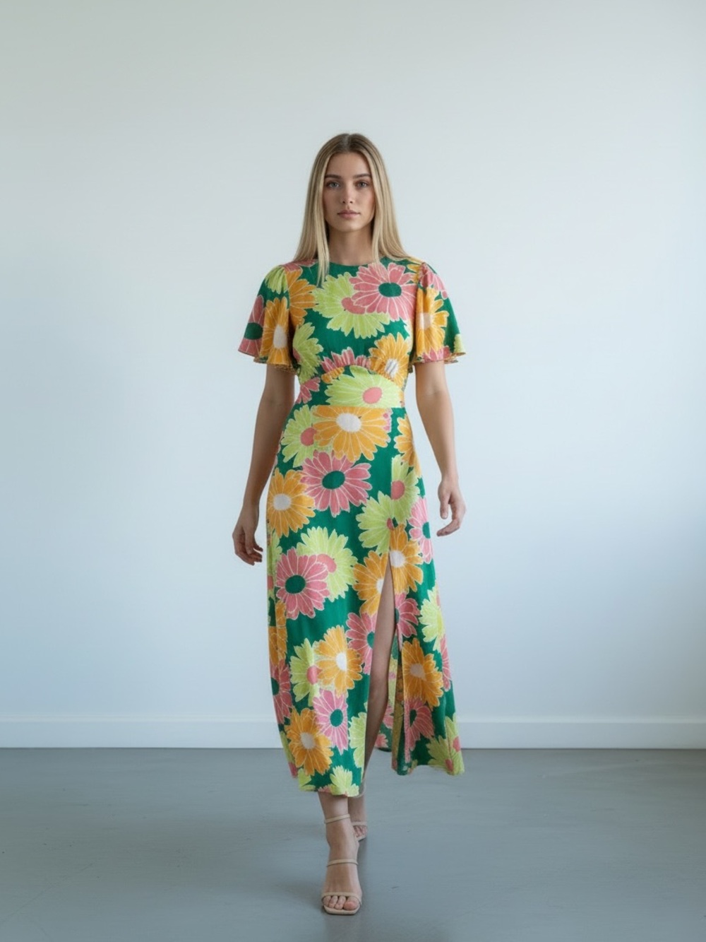 ASOS Design Curve Floral Angel Sleeve Midi Dress Size 4